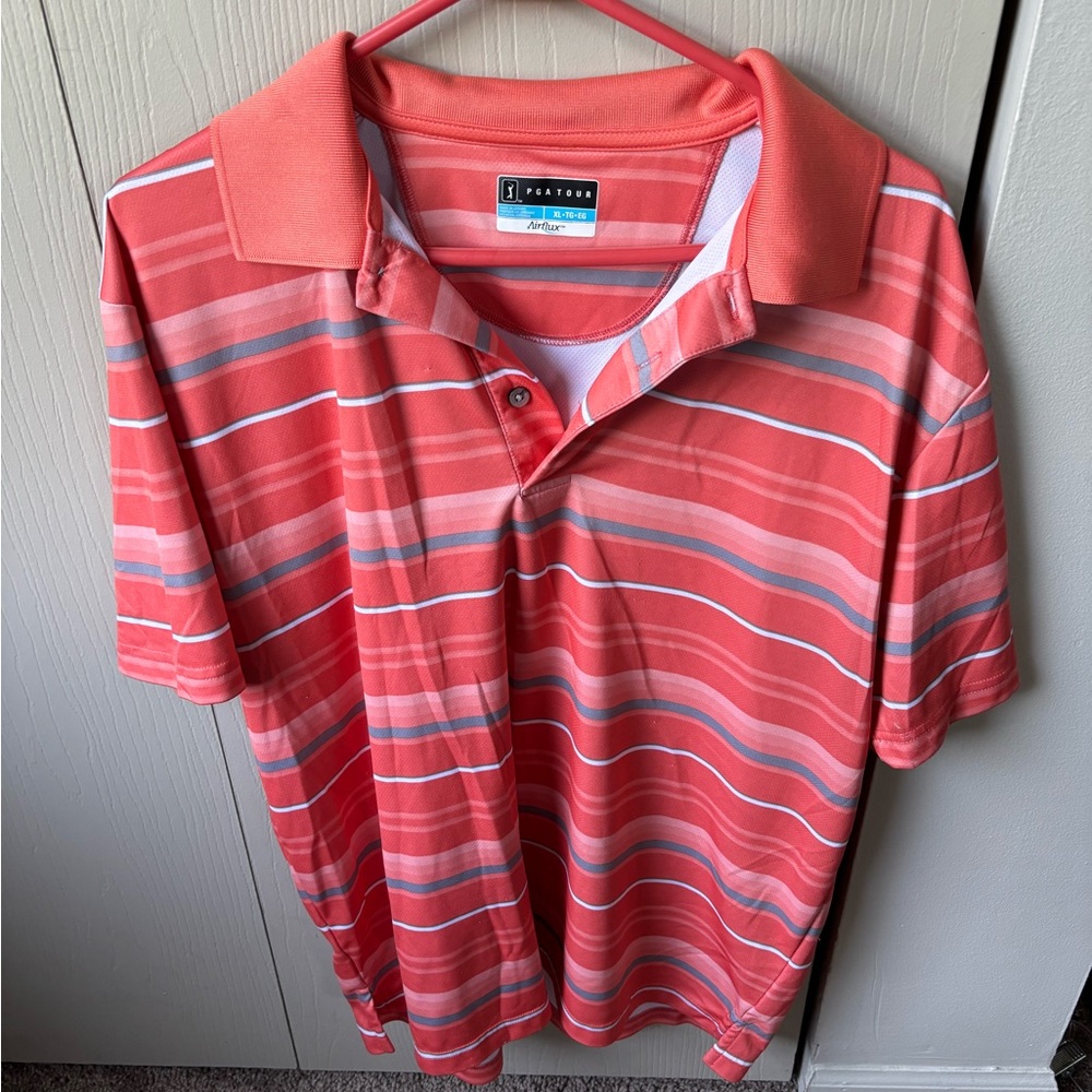 PGA Tour Men's Polo Shirt - Coral and Gray Stripes